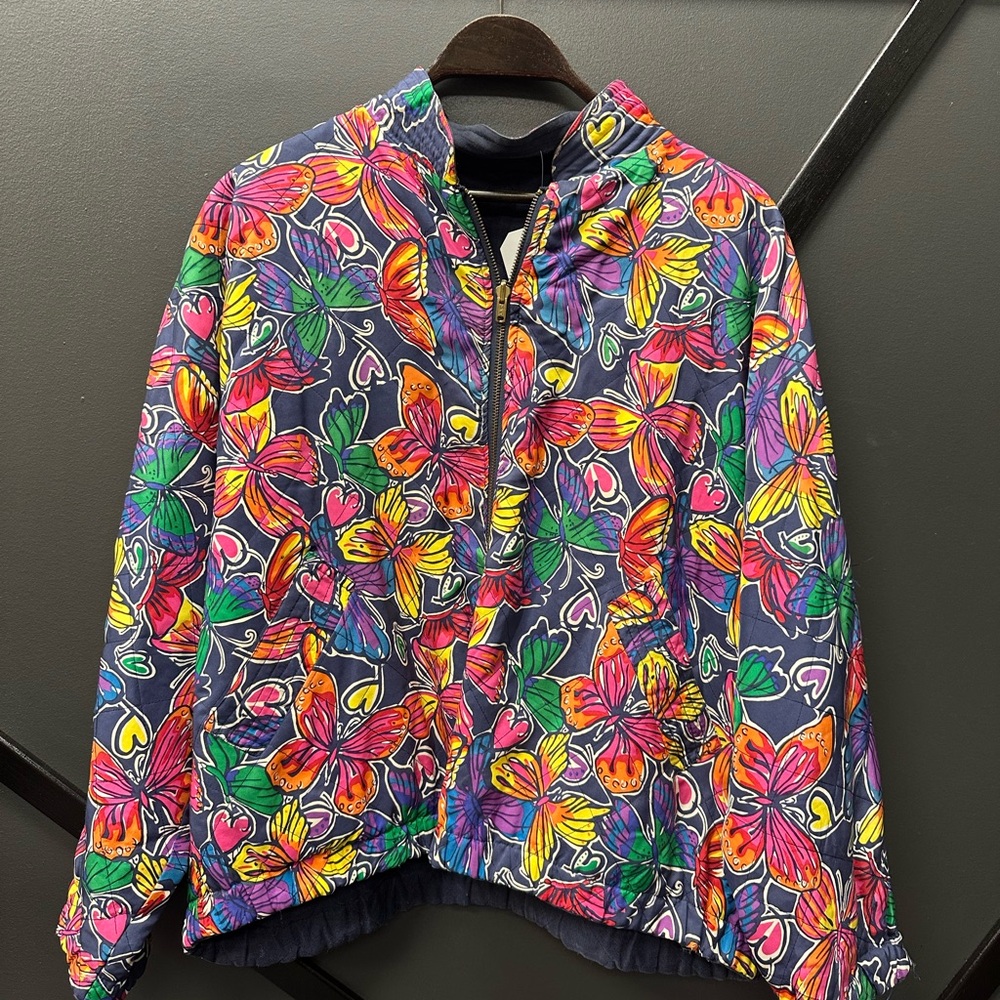 VTG Lilly Pulitzer Women's Silk Reversible Jacket Butterfly Print Navy Blue L